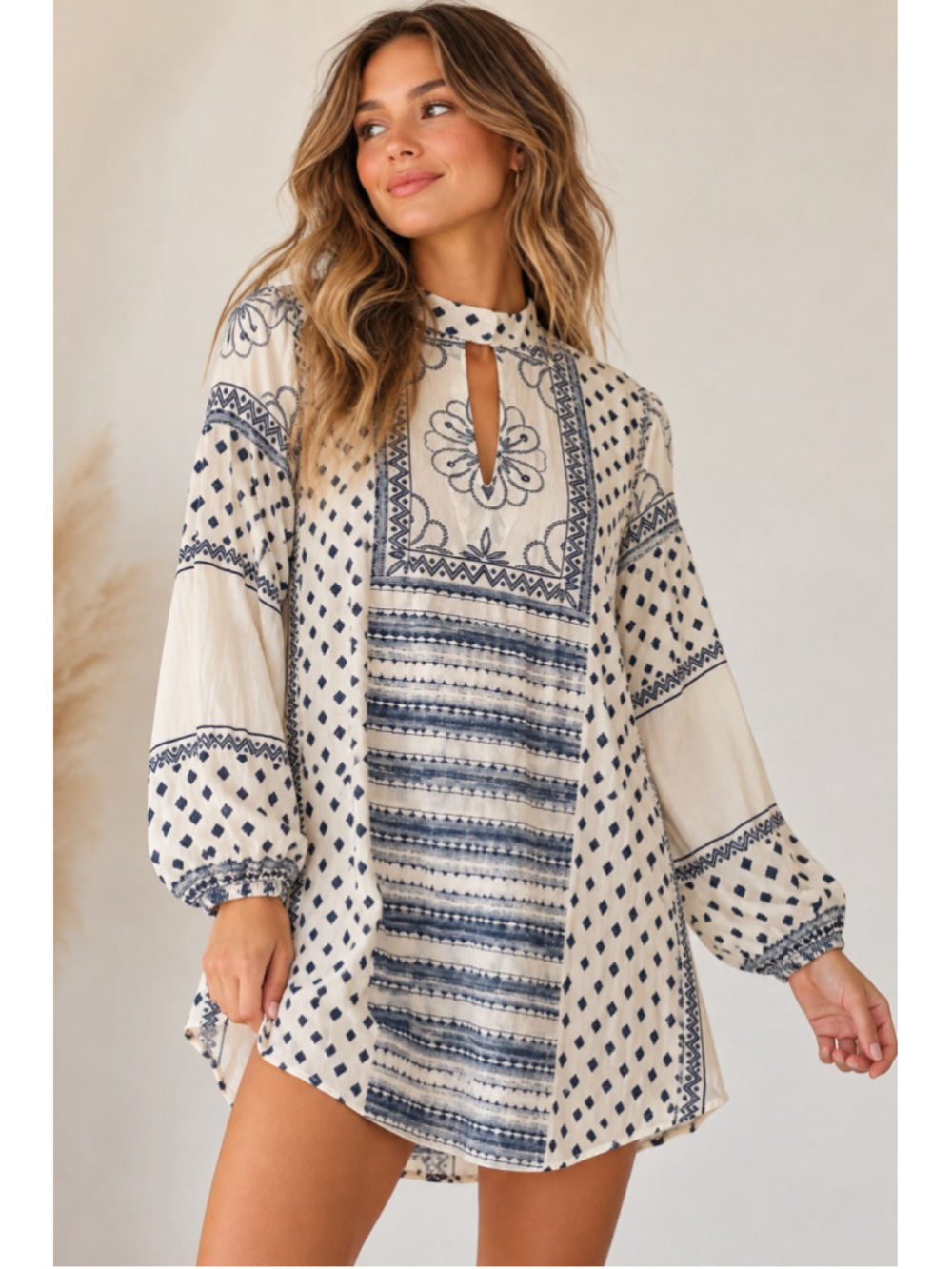 Rip Curl Silverstone Tunic Mini Dress M Vanilla Blue Boho Long Sleeve